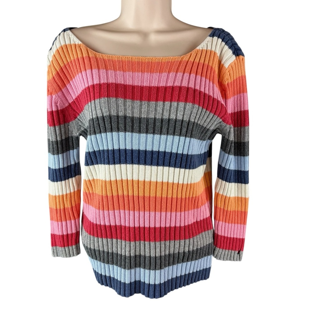 Tommy Hilfiger Jeans Sweater Women’s L Retro Y2K Rainbow Striped Ribbed (117)